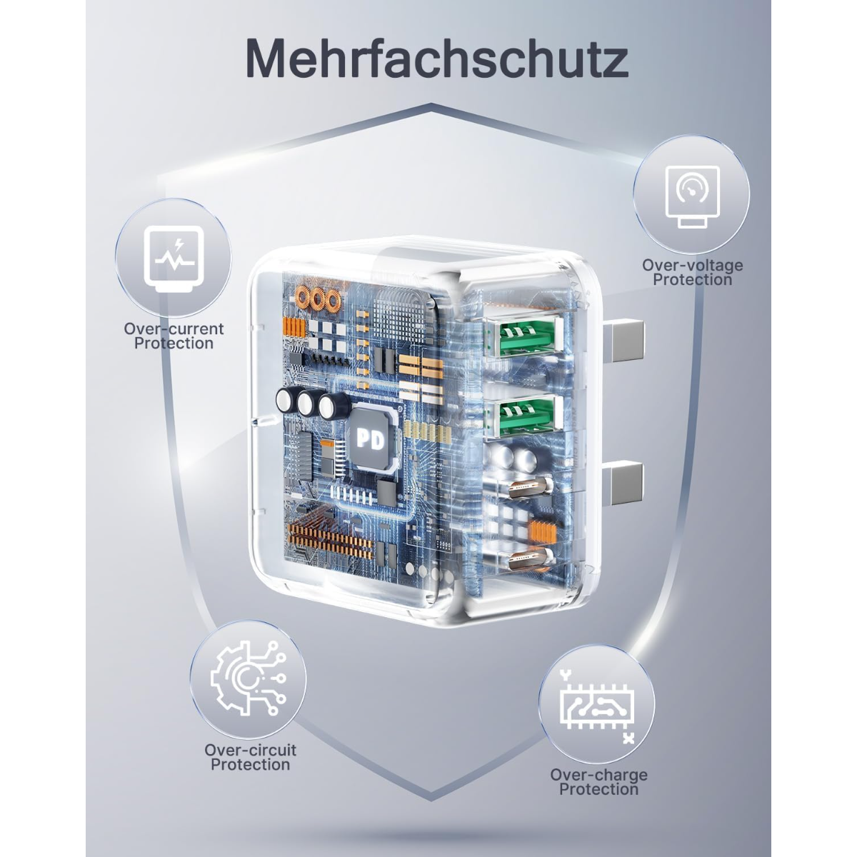 Ladegerät mit Mehrfachschutz: Überstrom, Überspannung, Kurzschluss, Überladung.