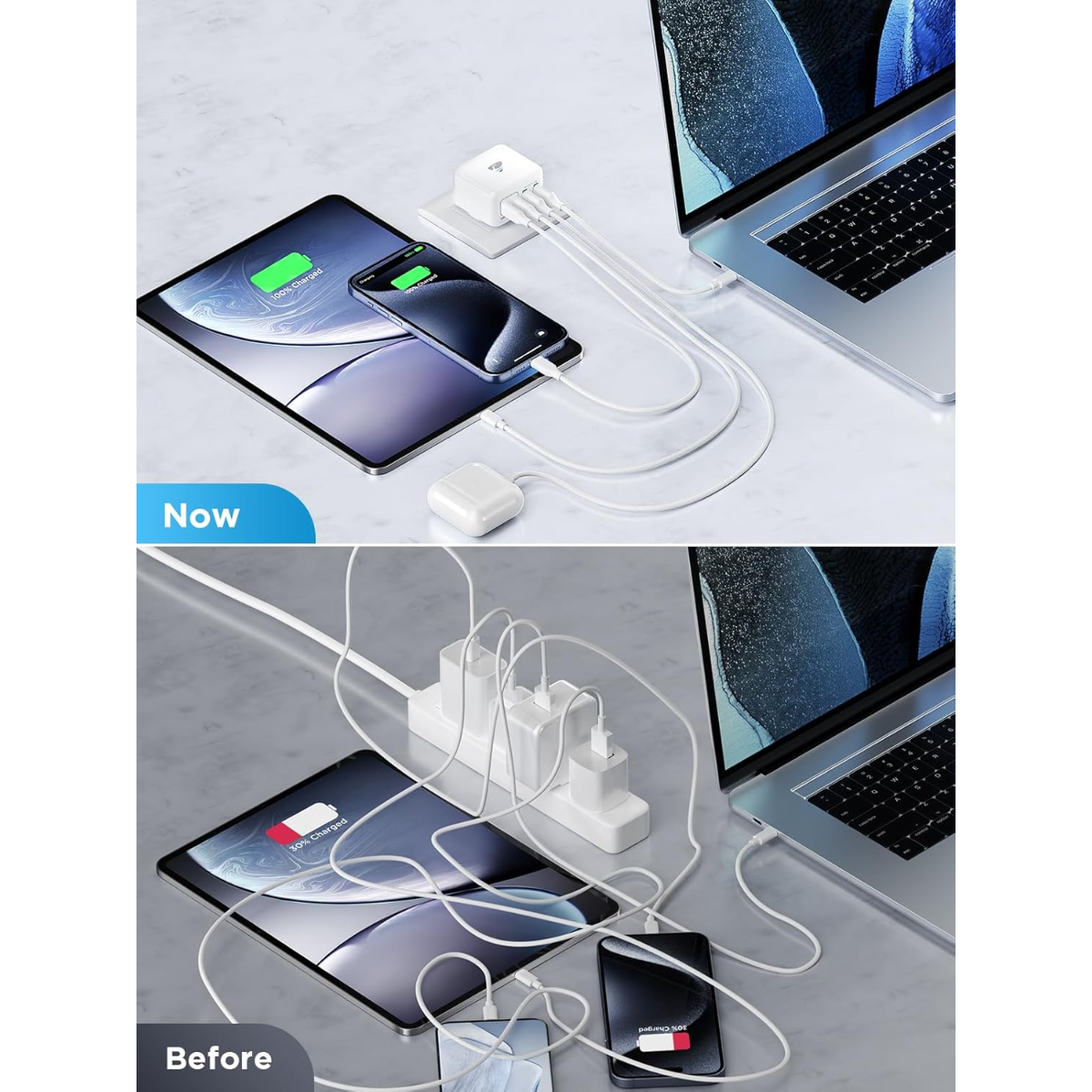 Oben: Kompakter Ladeadapter lädt Tablet, Smartphone, AirPods. Unten: Mehrere Adapter laden Geräte mit Kabelchaos.