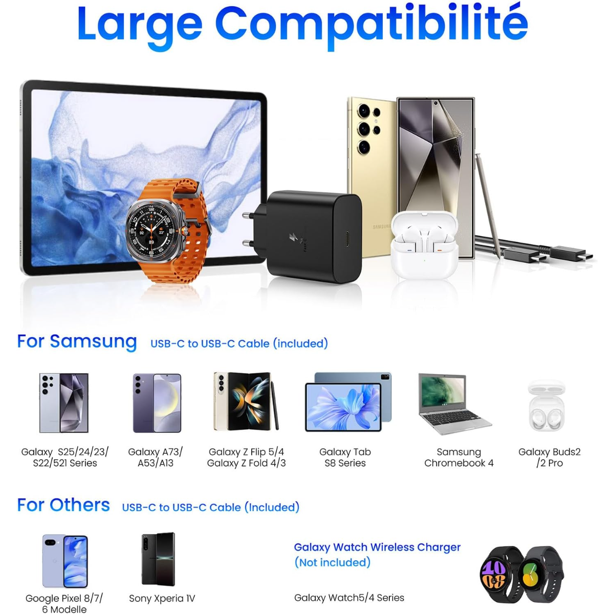 Samsung-Geräte, Ladekabel, Ohrhörer, Laptop und Uhren mit breiter Kompatibilität.