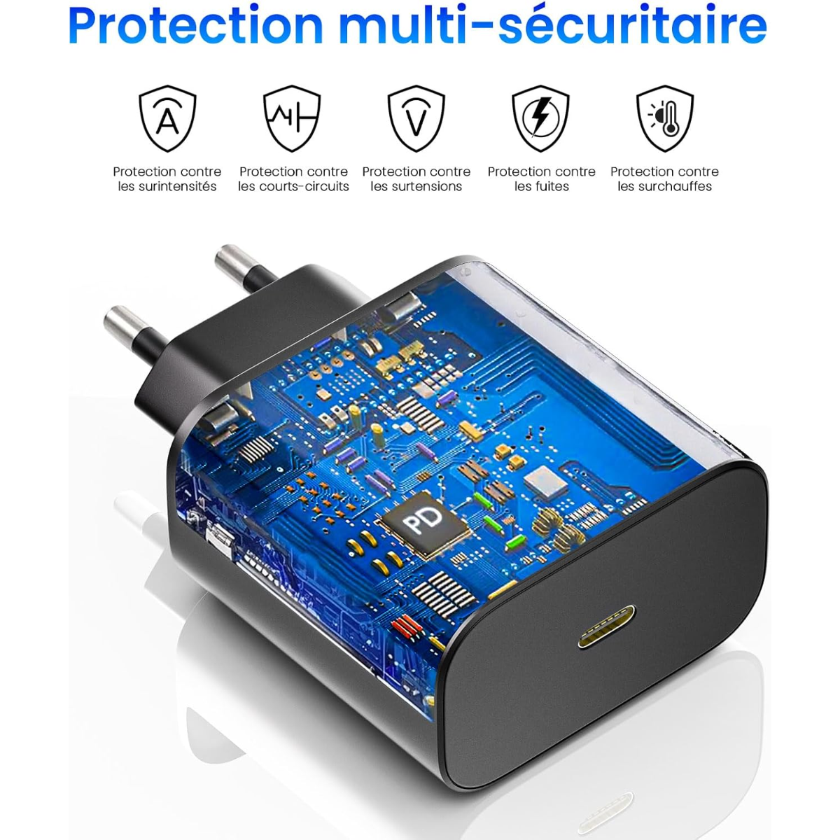 Ein durchsichtiger Netzstecker zeigt eine Leiterplatte mit der Aufschrift "PD".
