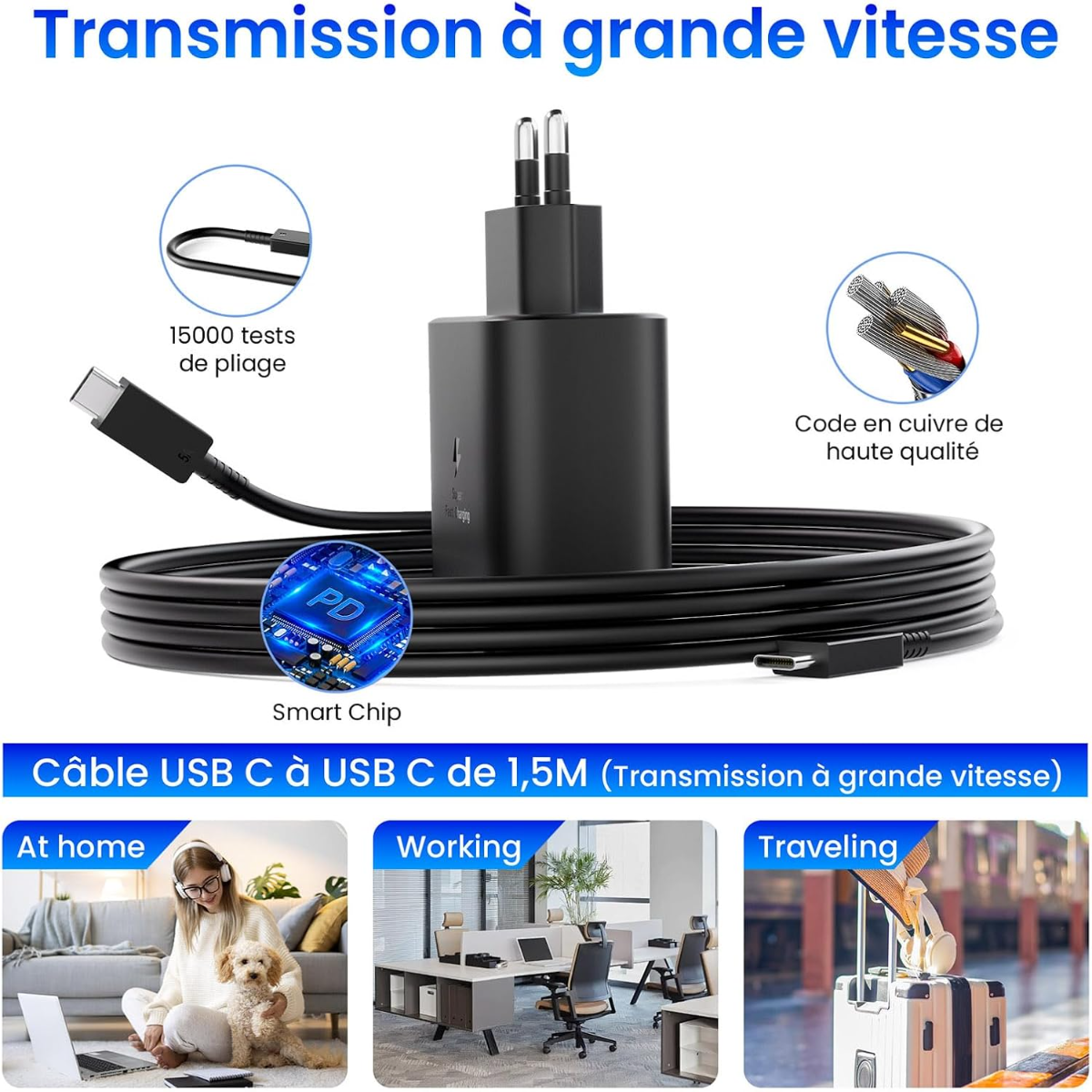 Schwarzes USB-C-Ladegerät und Kabel mit Details zu Tests, Chip und Kupfer. Szenen zeigen Zuhause, Arbeit und Reisen.