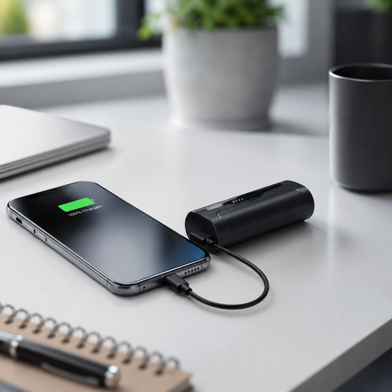Smartphone negro cargando con power bank, 100% cargado.