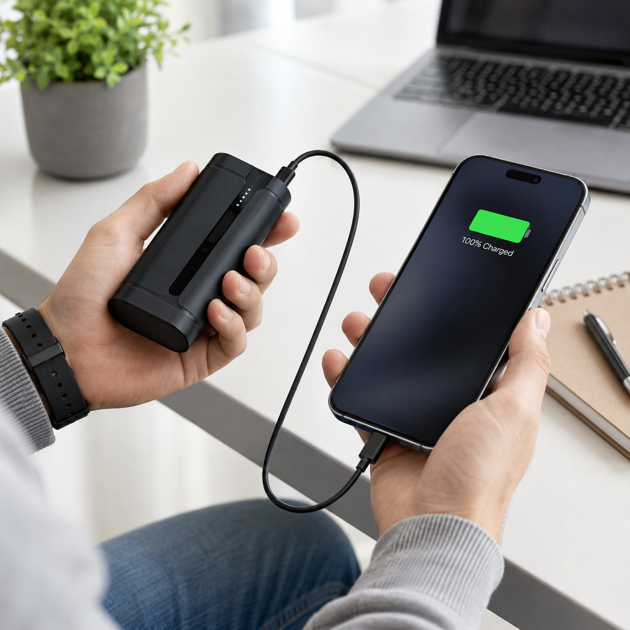 Persona cargando móvil con batería externa. El móvil muestra 100% cargado.