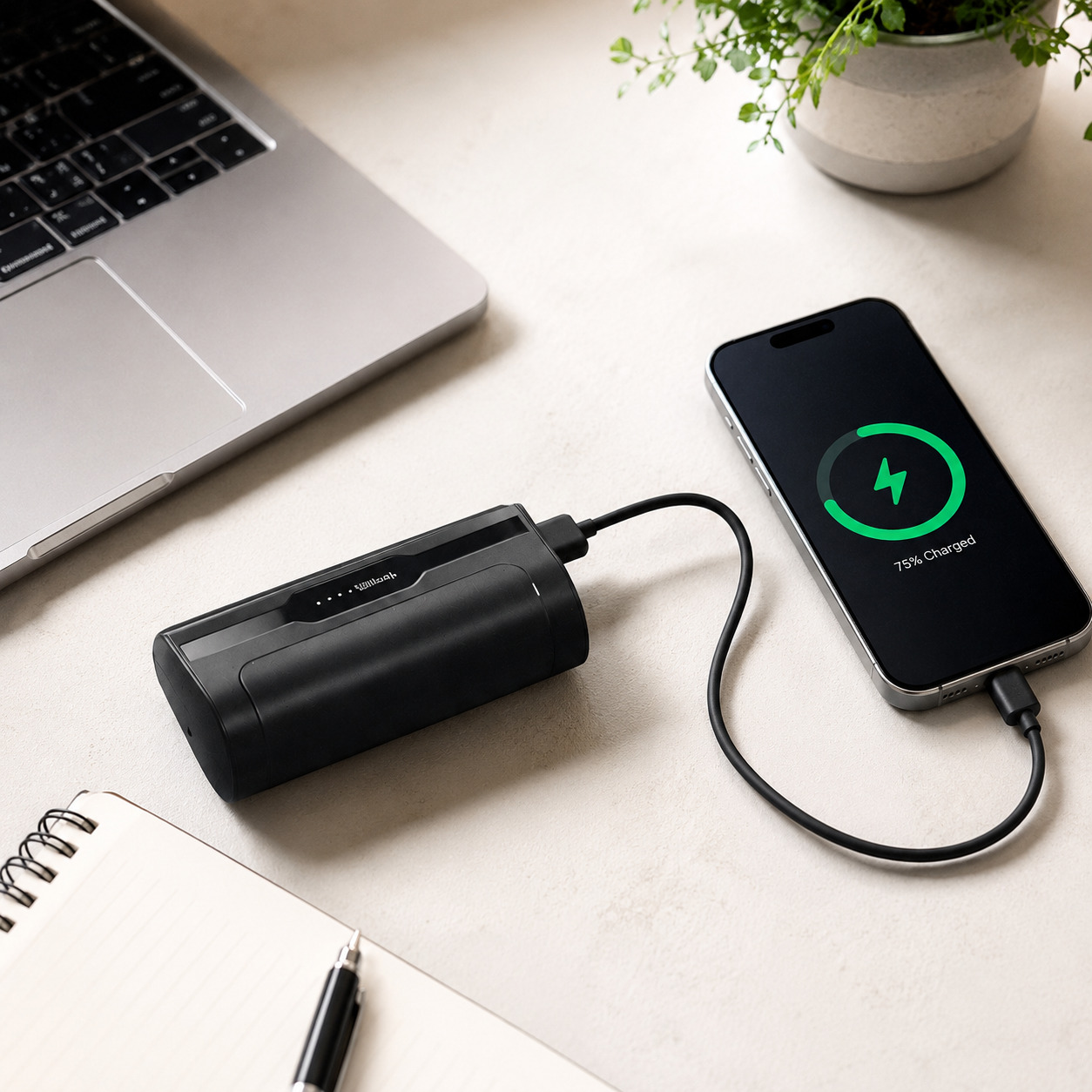 Un smartphone negro al 75% de carga conectado a un power bank negro.