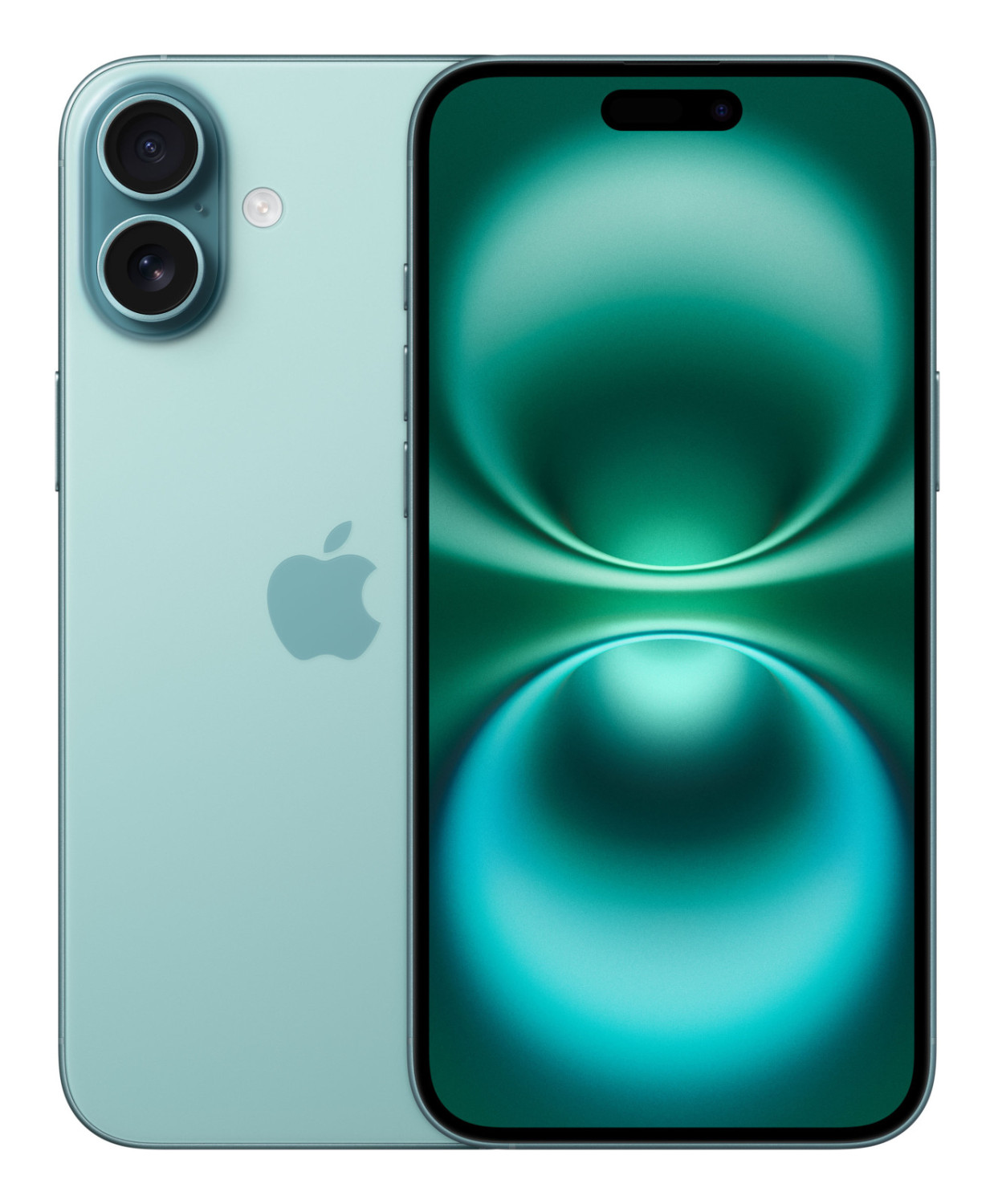 Turkusowy iPhone z podwójnym aparatem i logo Apple, pokazujący tył i ekran.