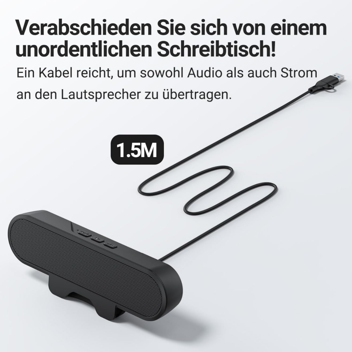Schwarzer Lautsprecher mit 1,5M Kabel, das Audio und Strom überträgt.