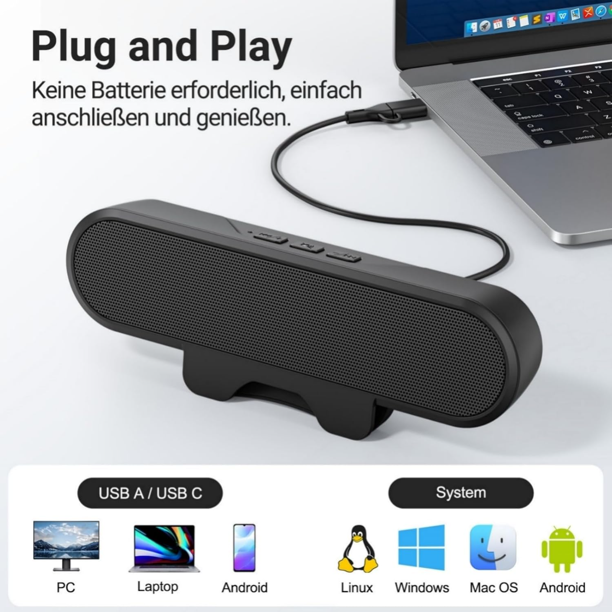 Schwarzer Lautsprecher per USB-C an Laptop angeschlossen, mit System-Icons.