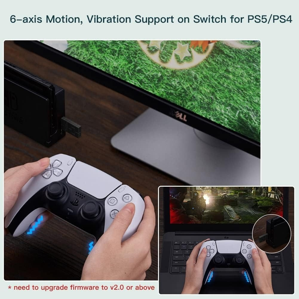 Ein Controller wird vor einem Monitor gehalten. Ein Dongle steckt in einer Konsole.
