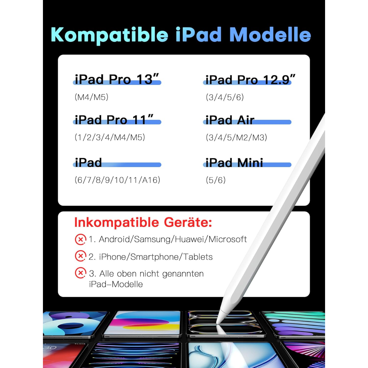Lista de modelos de iPad compatibles e incompatibles con un lápiz.