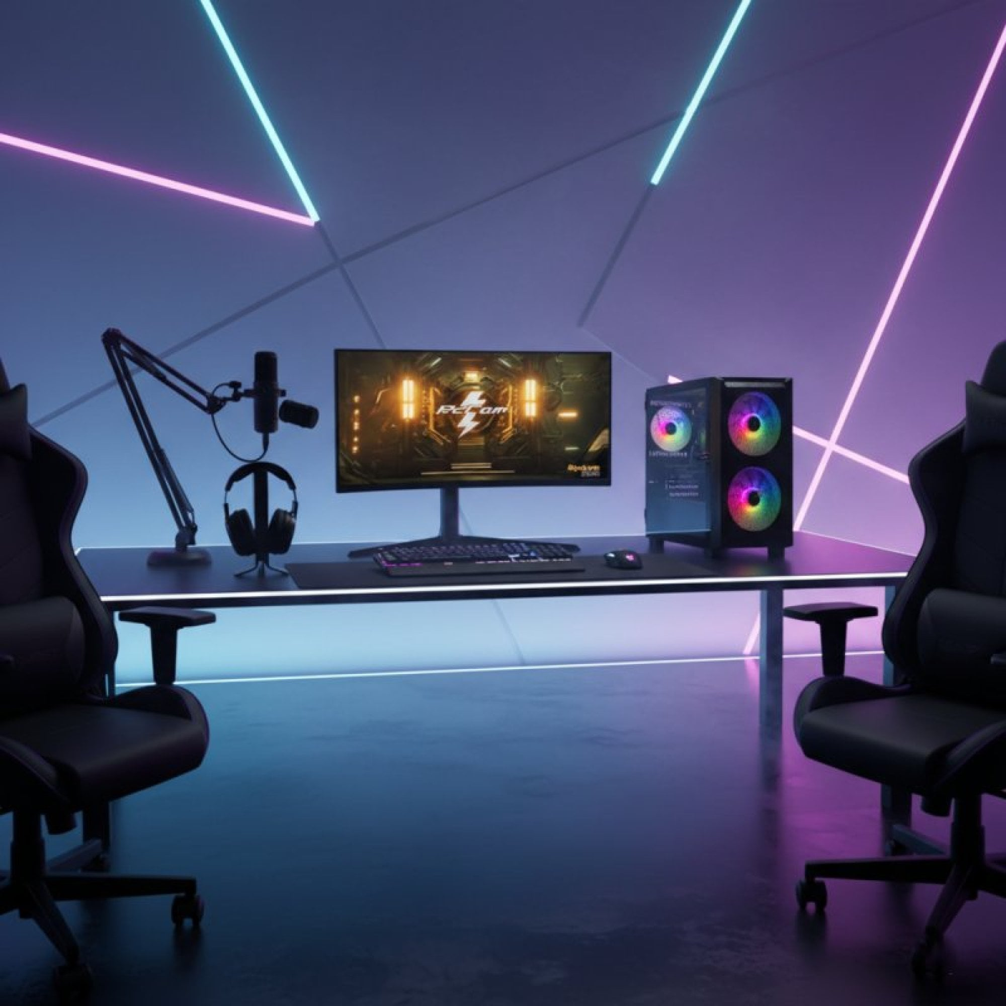 Una postazione da gaming con due sedie, scrivania con monitor, PC, microfono e cuffie, illuminata da luci al neon.