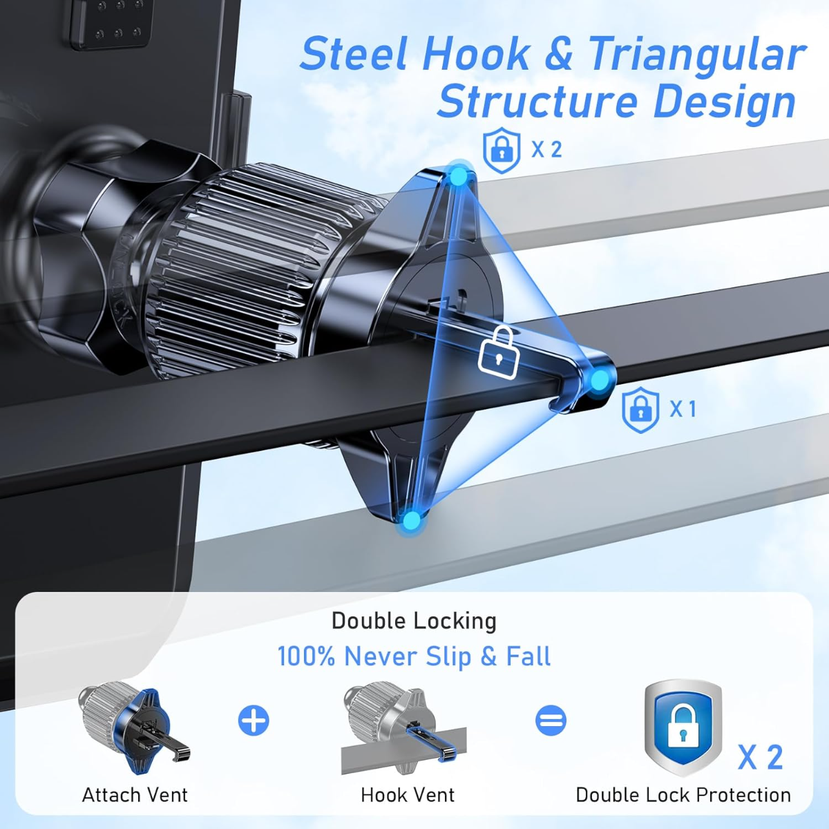 Gancho de acero y diseño triangular para montaje seguro en ventilación.