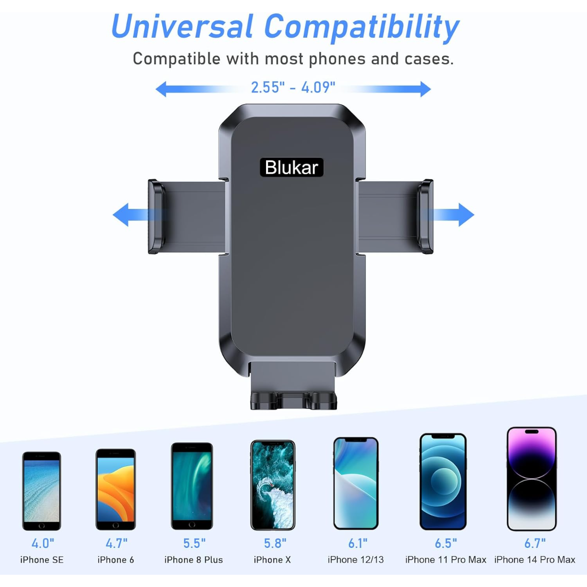 Soporte gris para teléfono mostrado con varios iPhones que demuestran compatibilidad.