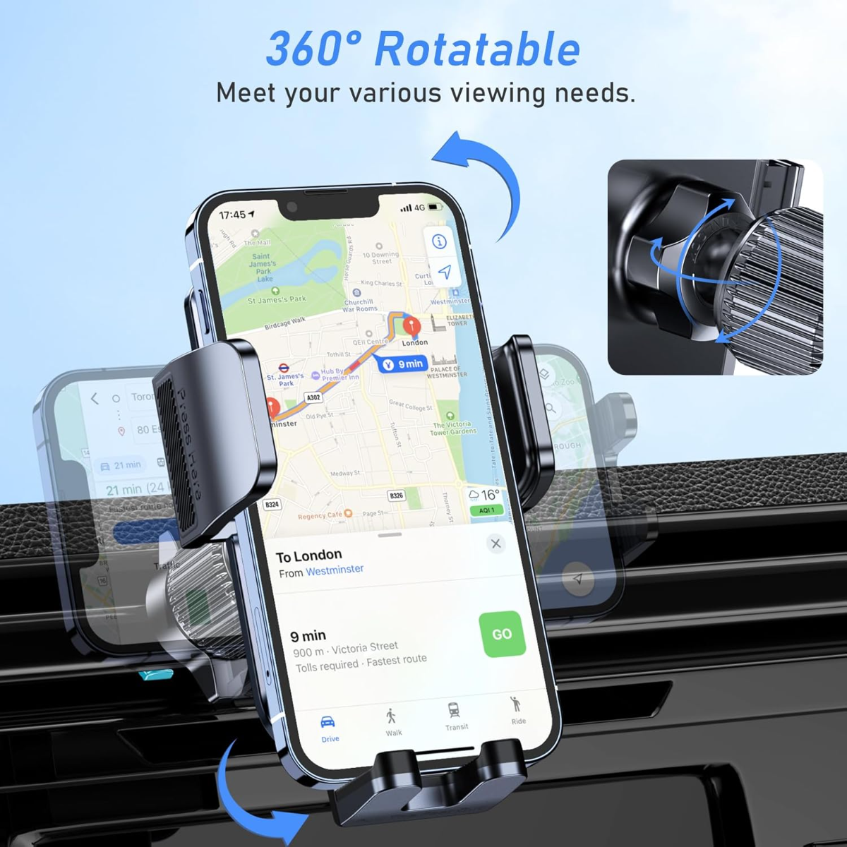 Soporte para teléfono con app de navegación en pantalla, con rotación de 360°.