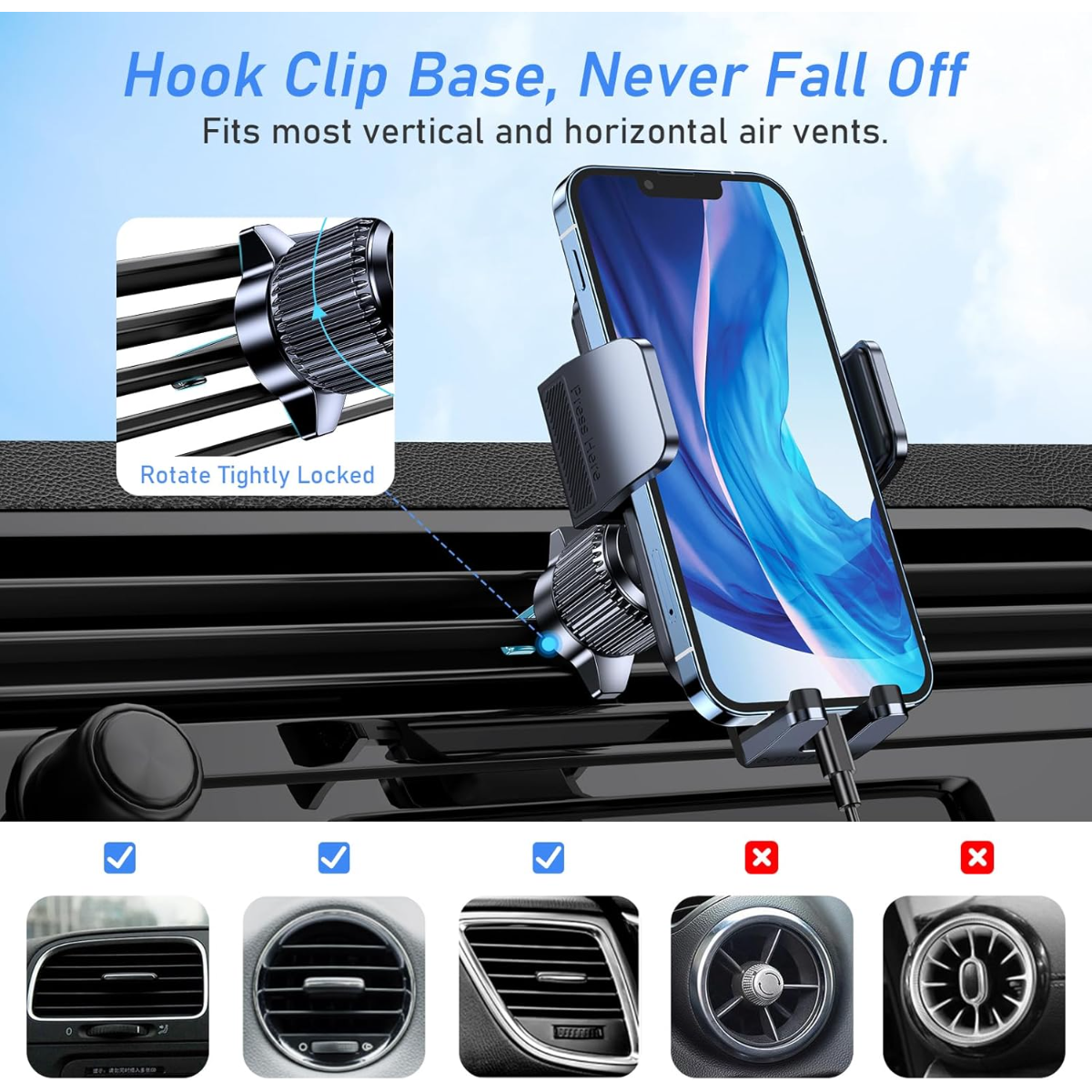Soporte para teléfono con clip de gancho para rejillas de ventilación de coche, muestra compatibilidad.