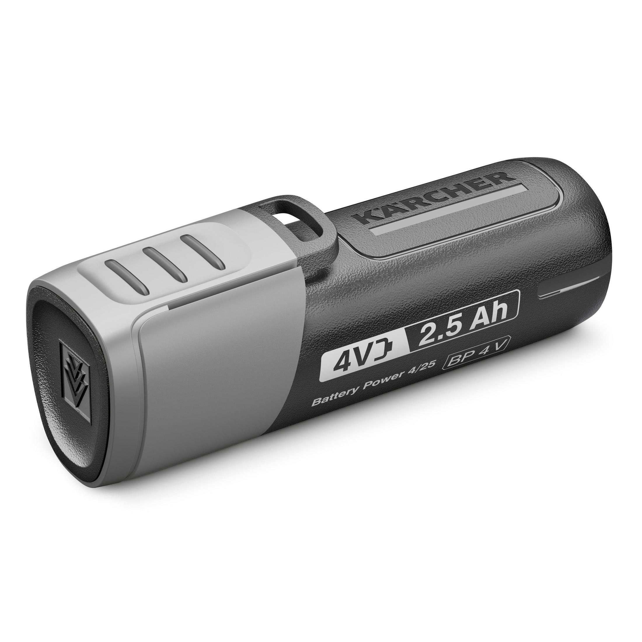 Una batteria Karcher nera da 4V e 2,5 Ah su sfondo bianco.
