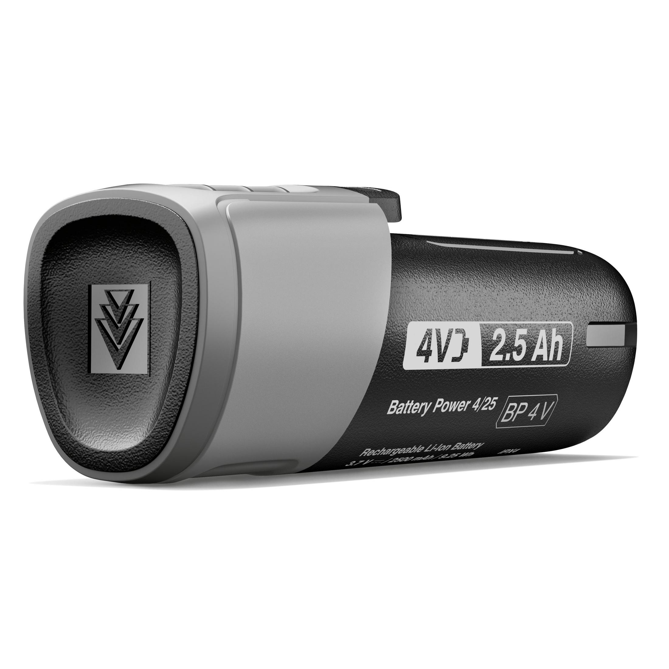 Batteria nera con impugnatura grigia e testo: 4V 2.5 Ah, BP 4V.