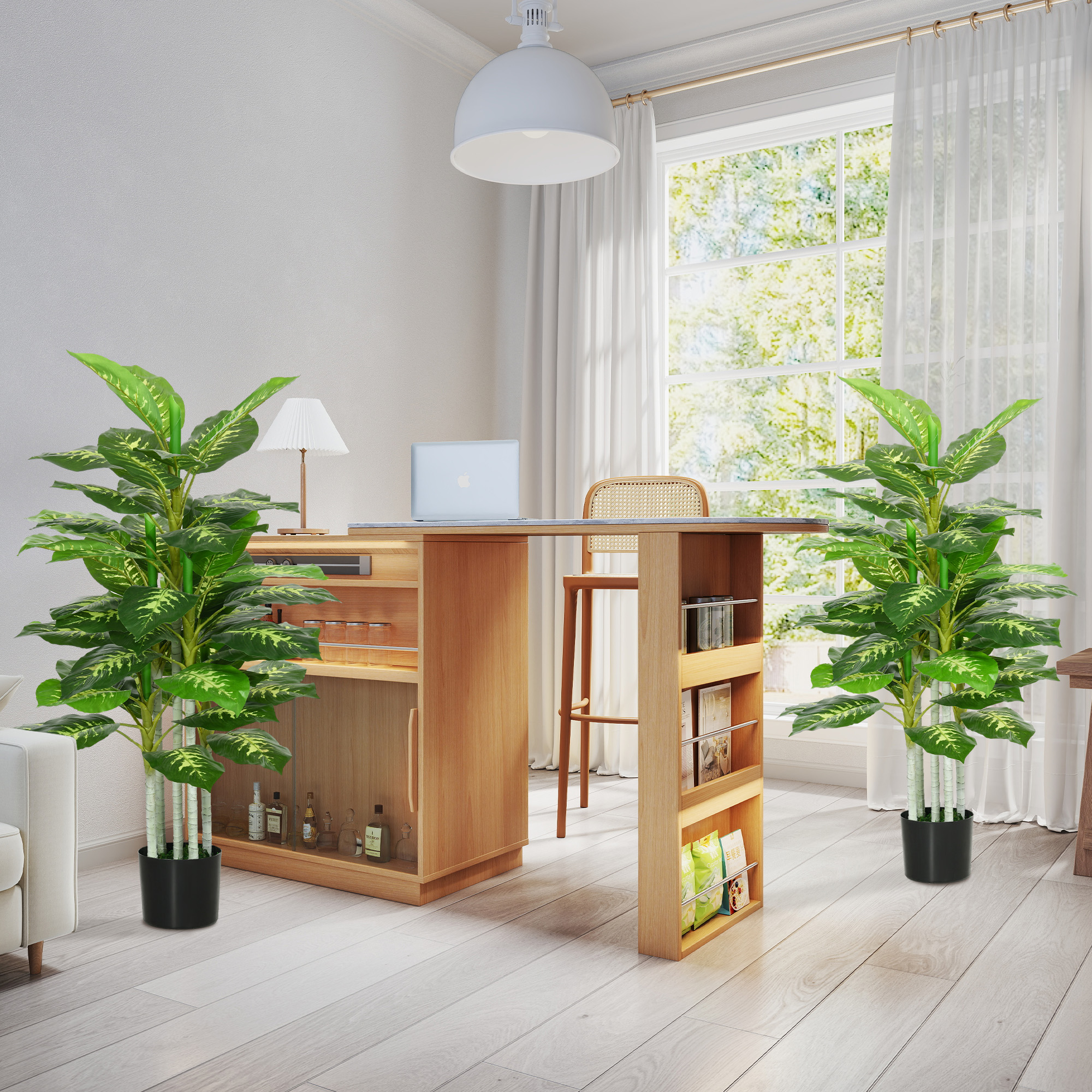 Un mostrador de madera con un portátil y dos plantas en maceta.