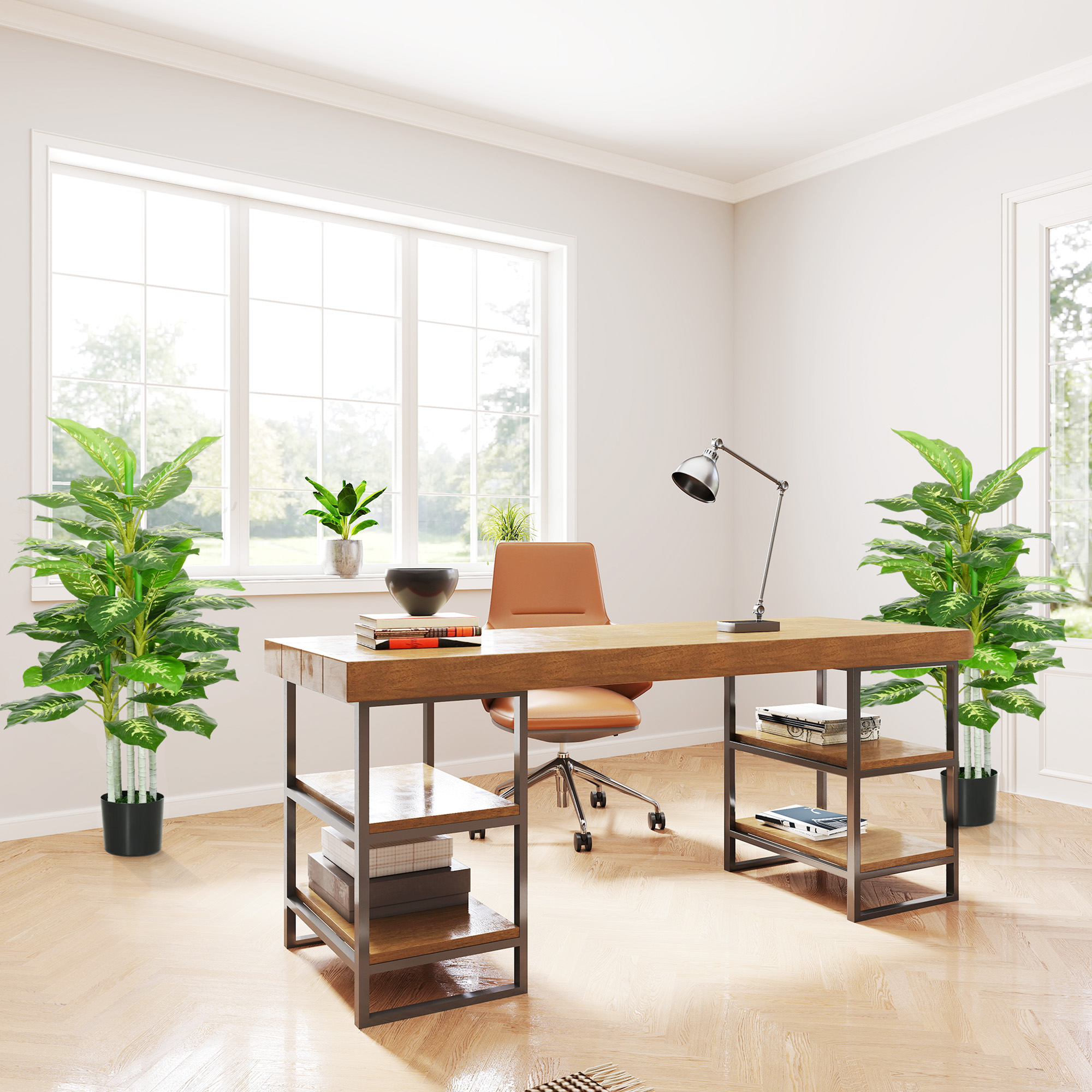Oficina con escritorio de madera, sillón de cuero, plantas y ventana.