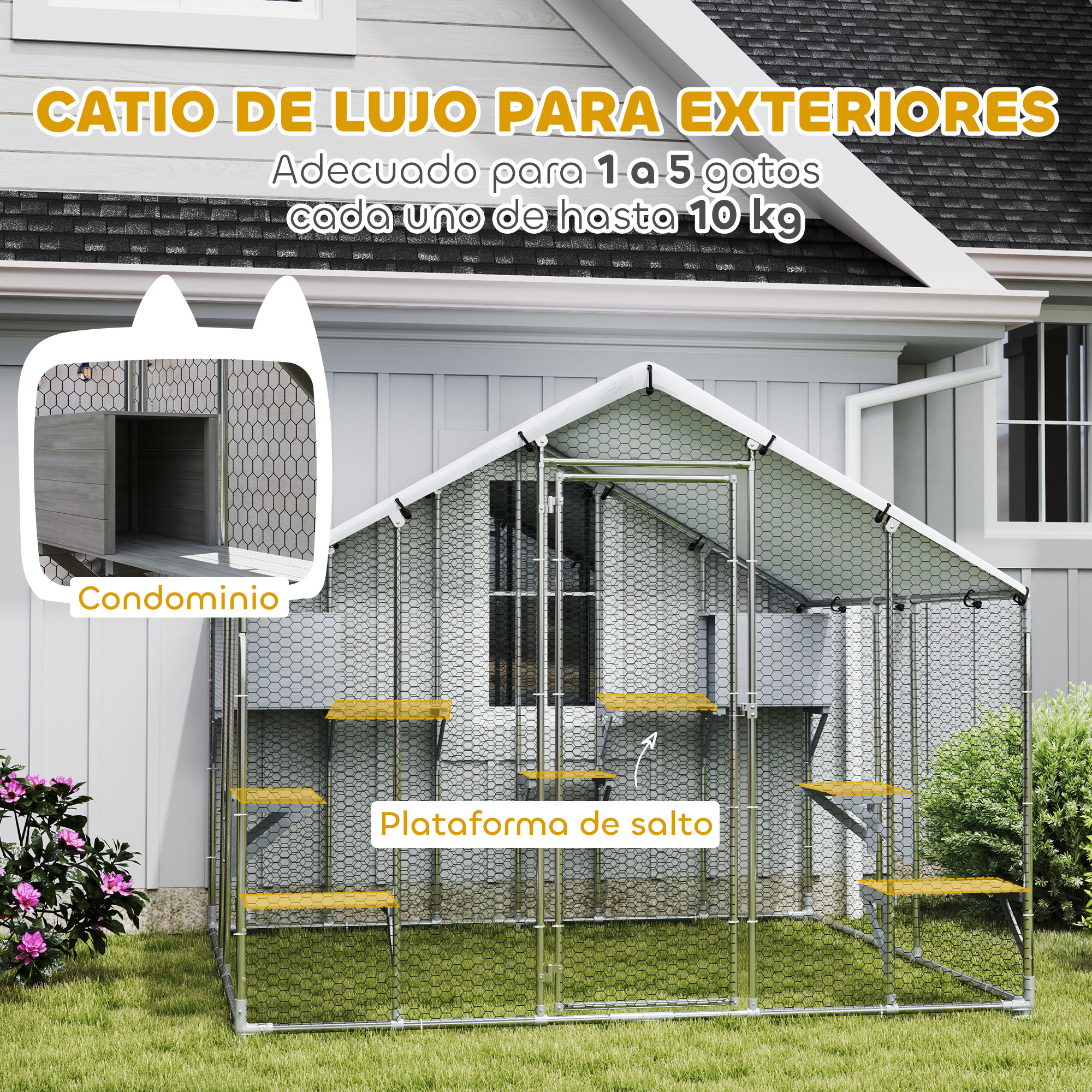 Un catio de lujo para exteriores con plataformas y condominio interior.