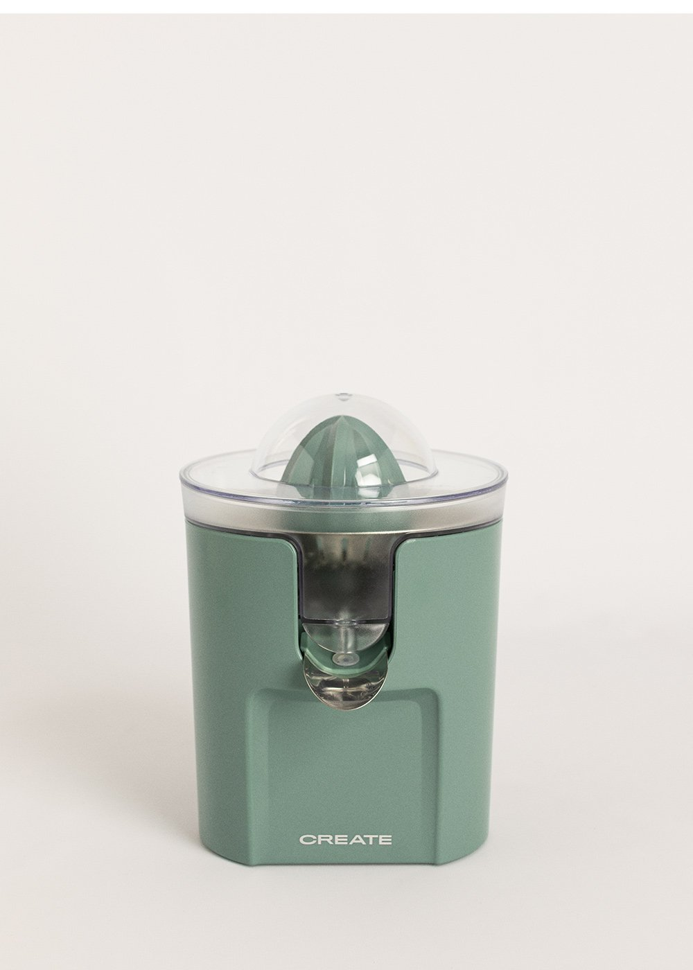 Un exprimidor eléctrico de cítricos verde con tapa y pico transparentes.