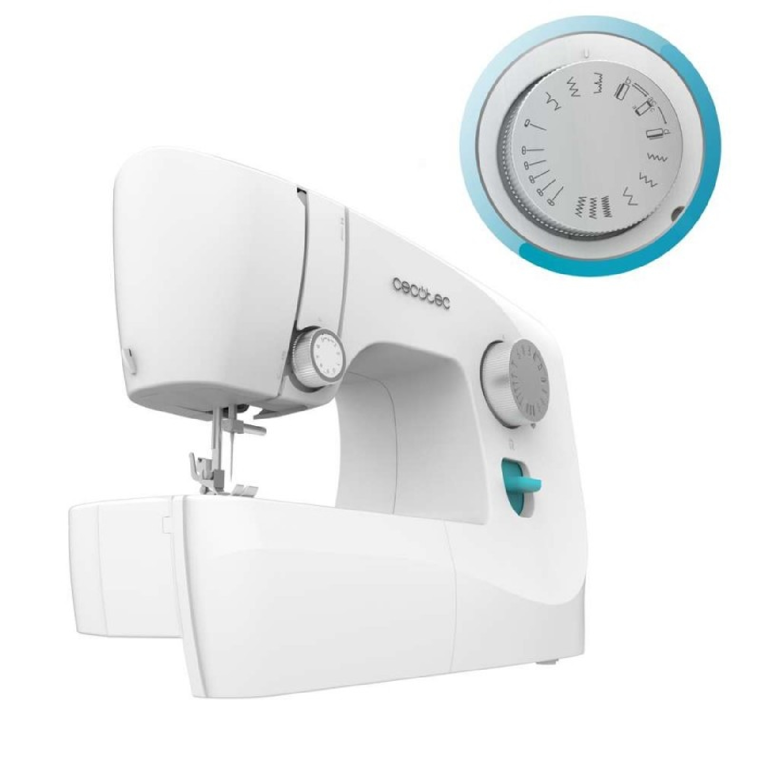 Máquina de coser blanca con primer plano del dial de selección de puntada.