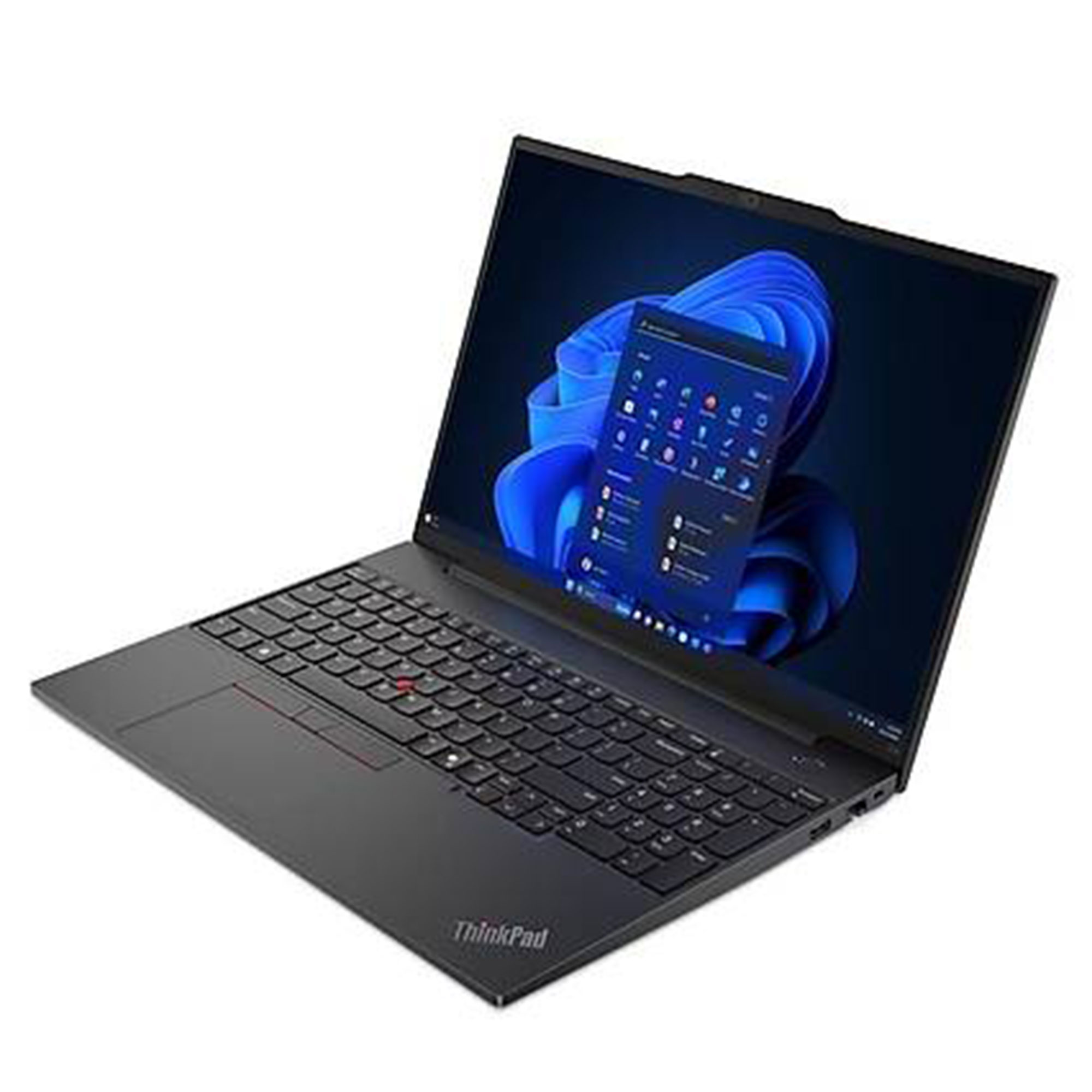 Mavi arka planlı bir Windows 11 ekranı gösteren açık siyah bir dizüstü bilgisayar.