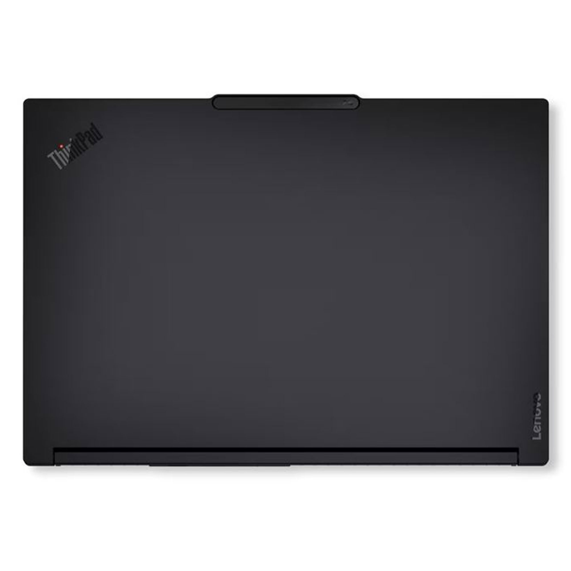 Yukarıdan görünen siyah Lenovo ThinkPad dizüstü bilgisayar, logolar.