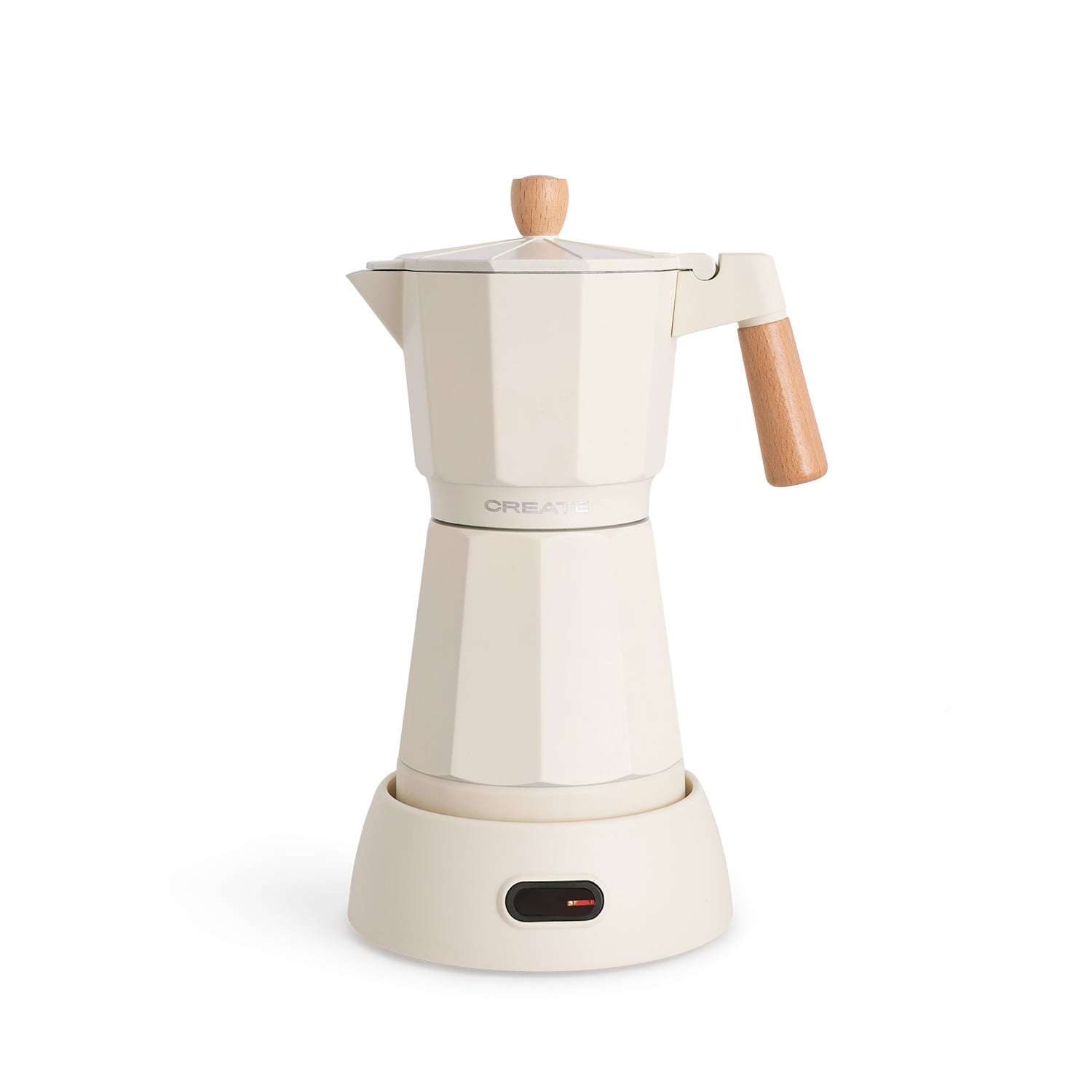 Una cafetera Moka color crema con mango y tapa de madera sobre una base blanca.