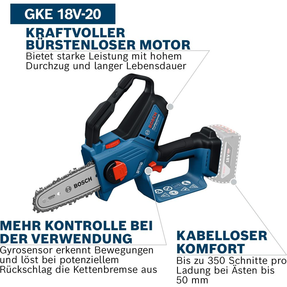 Eine blaue Bosch Akku-Kettensäge mit silberner Kette und schwarzem Griff.