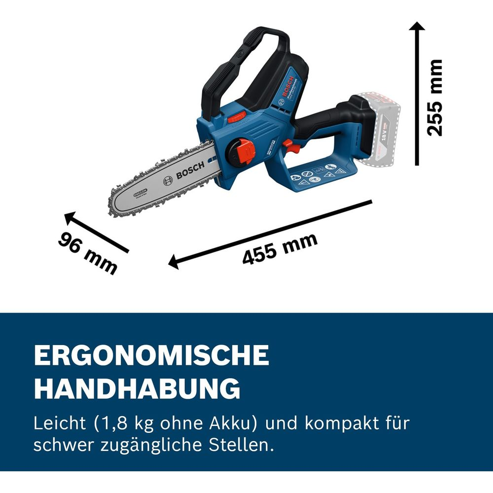 Blaue Bosch Akku-Kettensäge mit Maßen: 96mm, 455mm, 255mm.