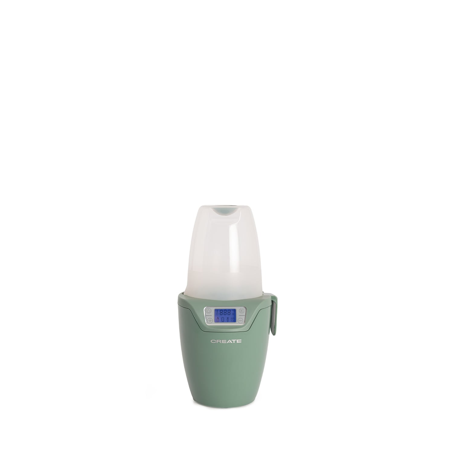 Un humidificador verde con pantalla digital y parte superior transparente.