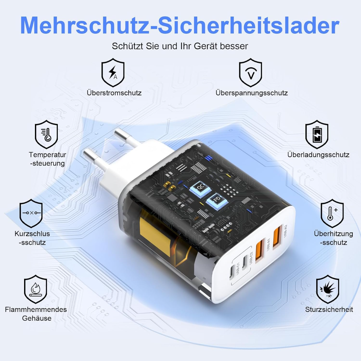 Transparenter Lader mit mehreren Anschlüssen, zeigt Schutzfunktionen wie Überstromschutz.
