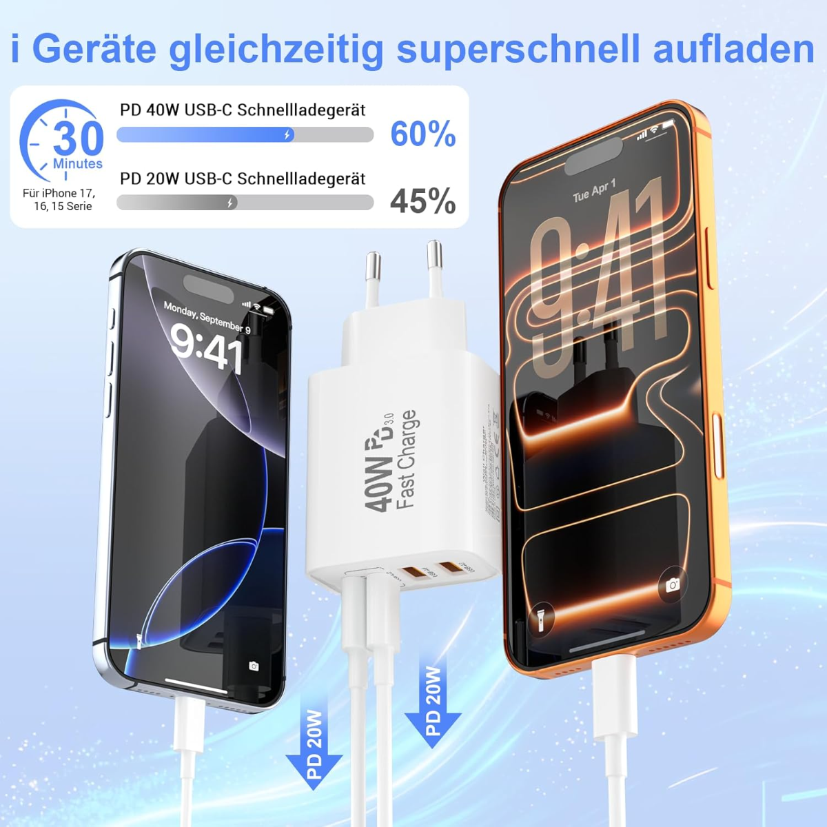 Ein weißer Ladeadapter mit zwei angeschlossenen iPhones, die schnell aufladen.