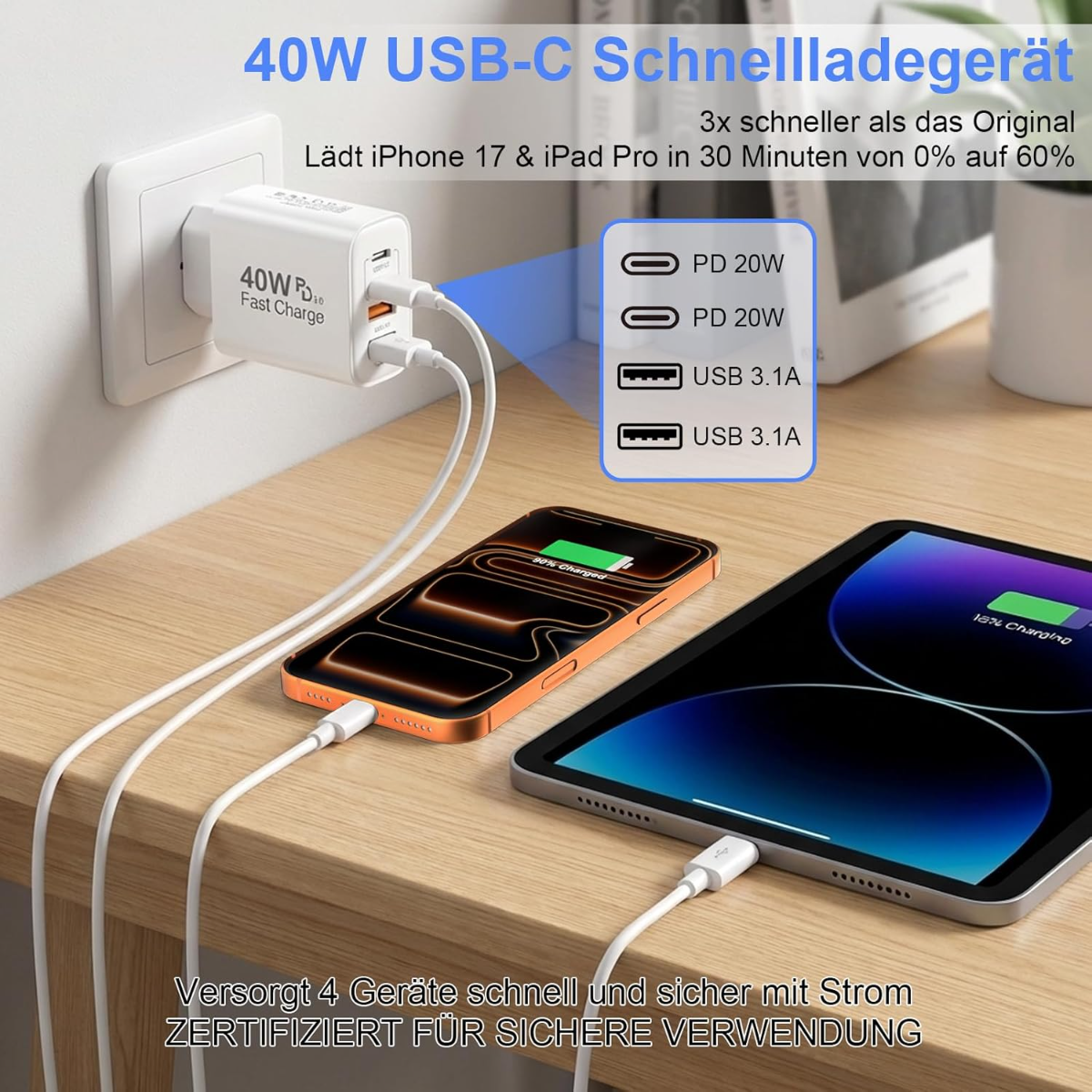 Ein weißes 40W USB-C Ladegerät lädt ein iPhone und iPad auf.