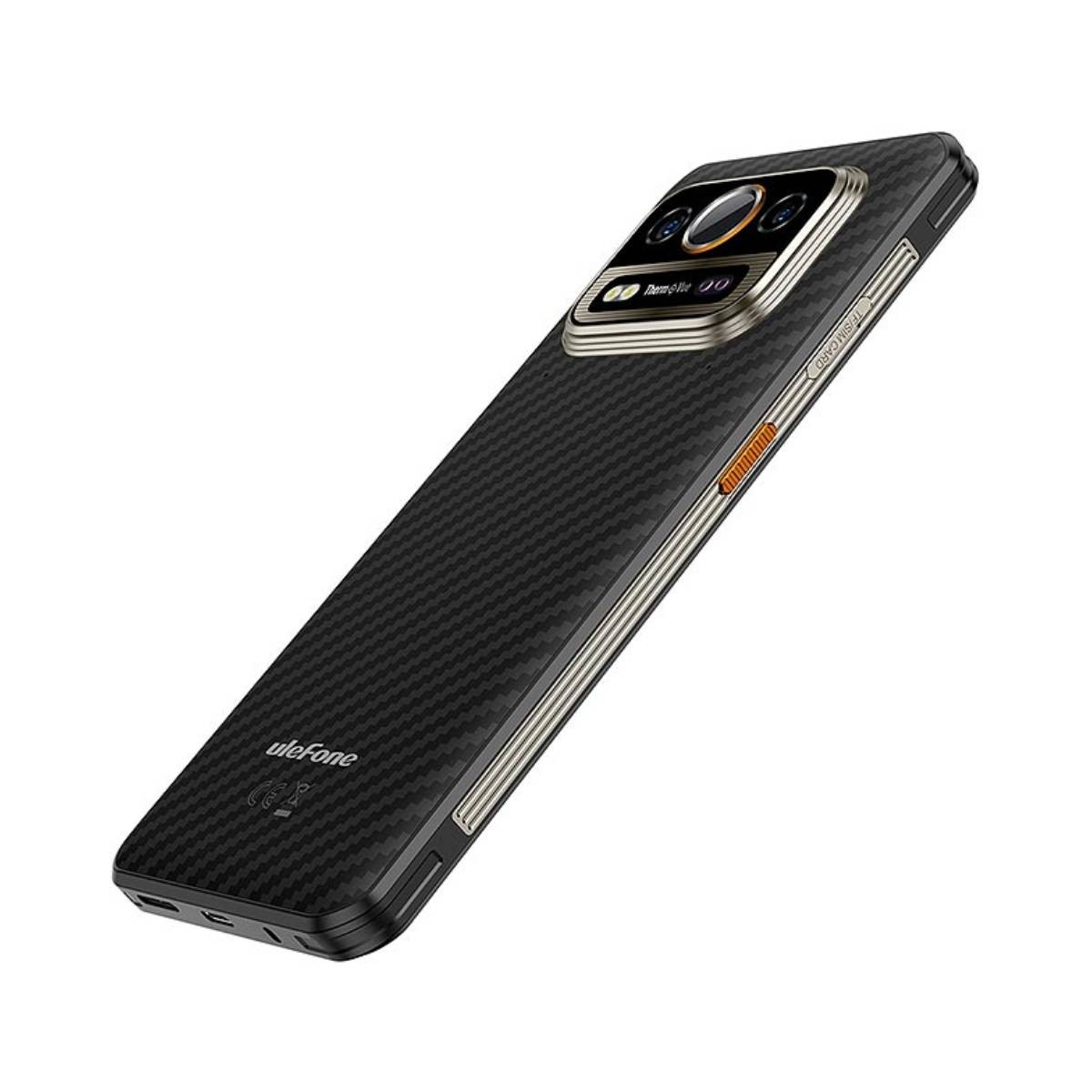 Retro di uno smartphone Ulefone nero con motivo in carbonio e tre fotocamere.