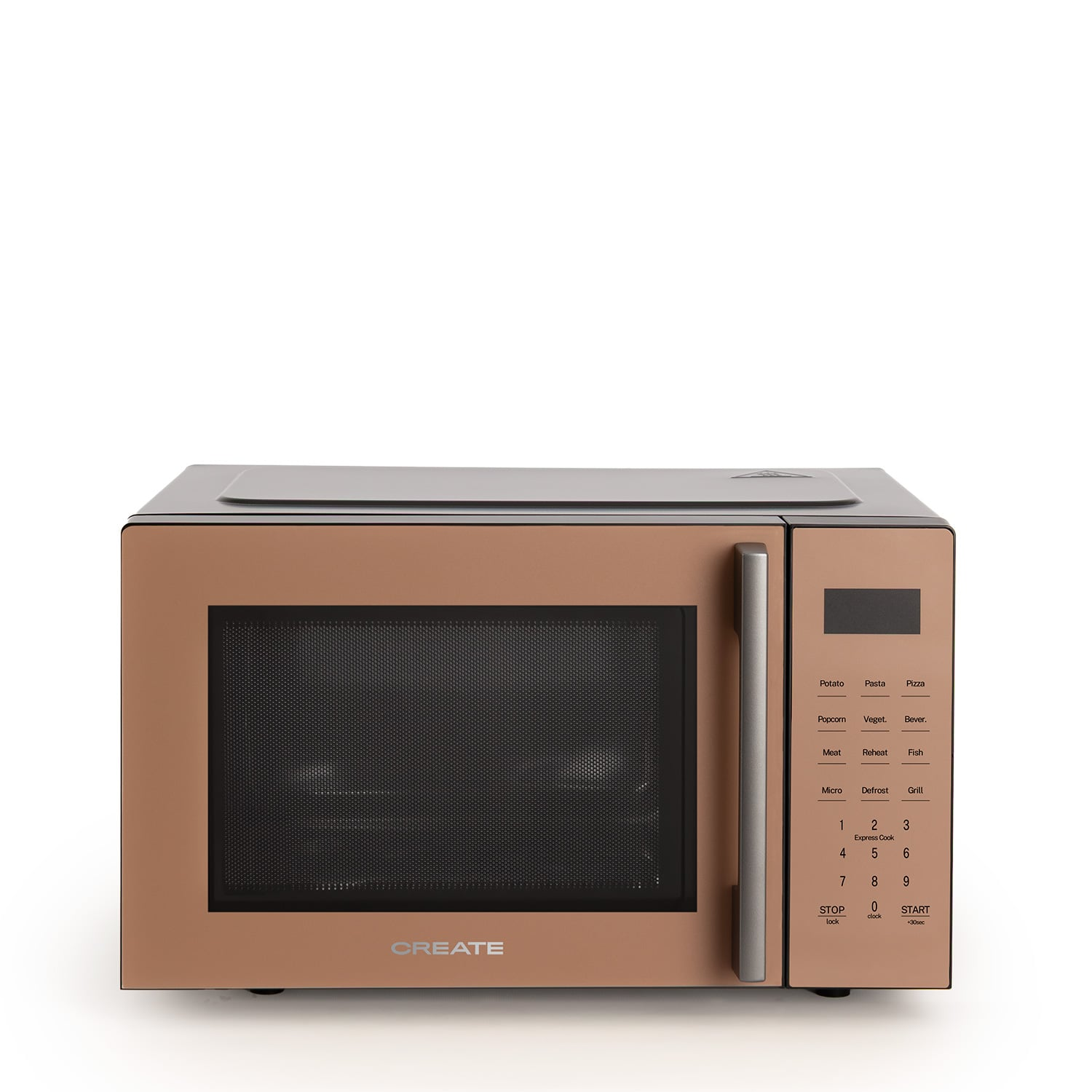 Microondas oro rosa con pantalla digital y panel de control. Puerta se abre a la derecha.