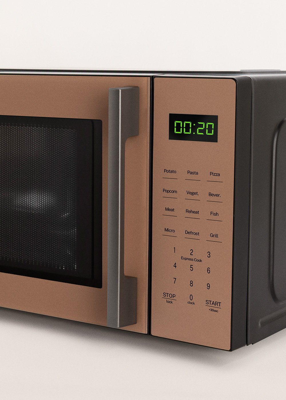 Un microondas de cobre con puerta de cocina y pantalla digital muestra 00:20.