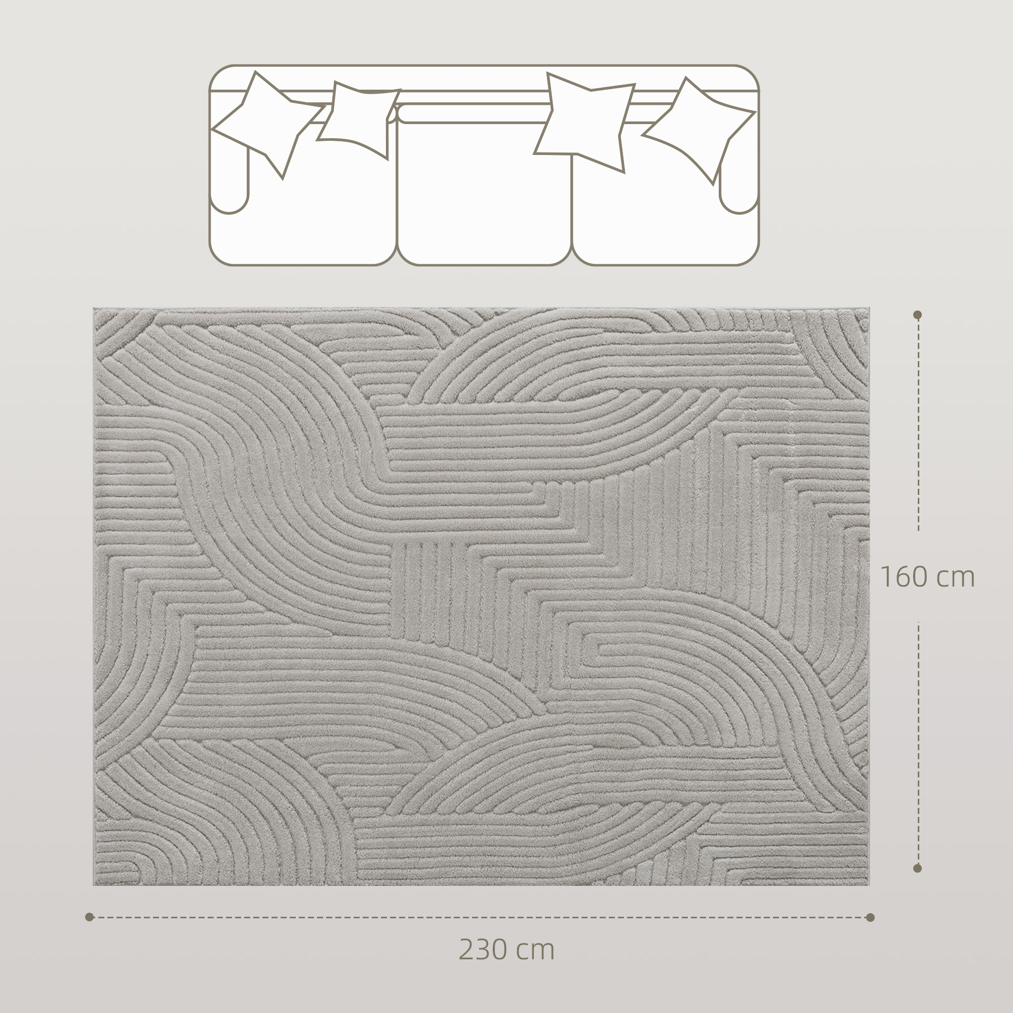 Alfombra gris con patrón geométrico, 160x230cm. Ilustración de sofá arriba.