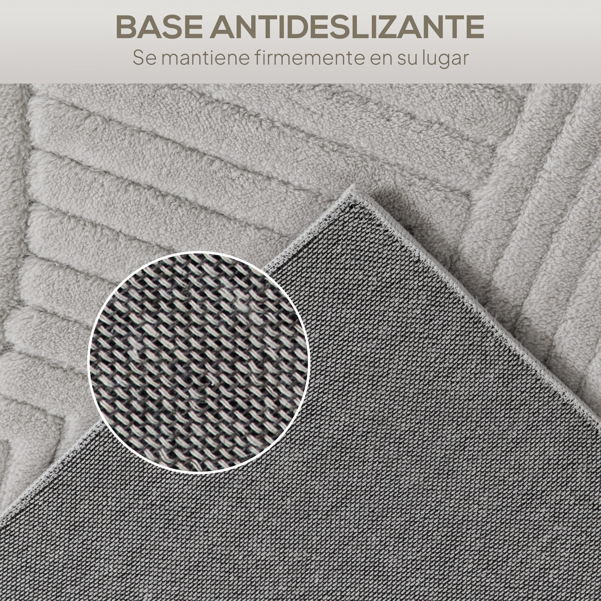 Alfombra gris mostrando su reverso y un primer plano del reverso antideslizante.
