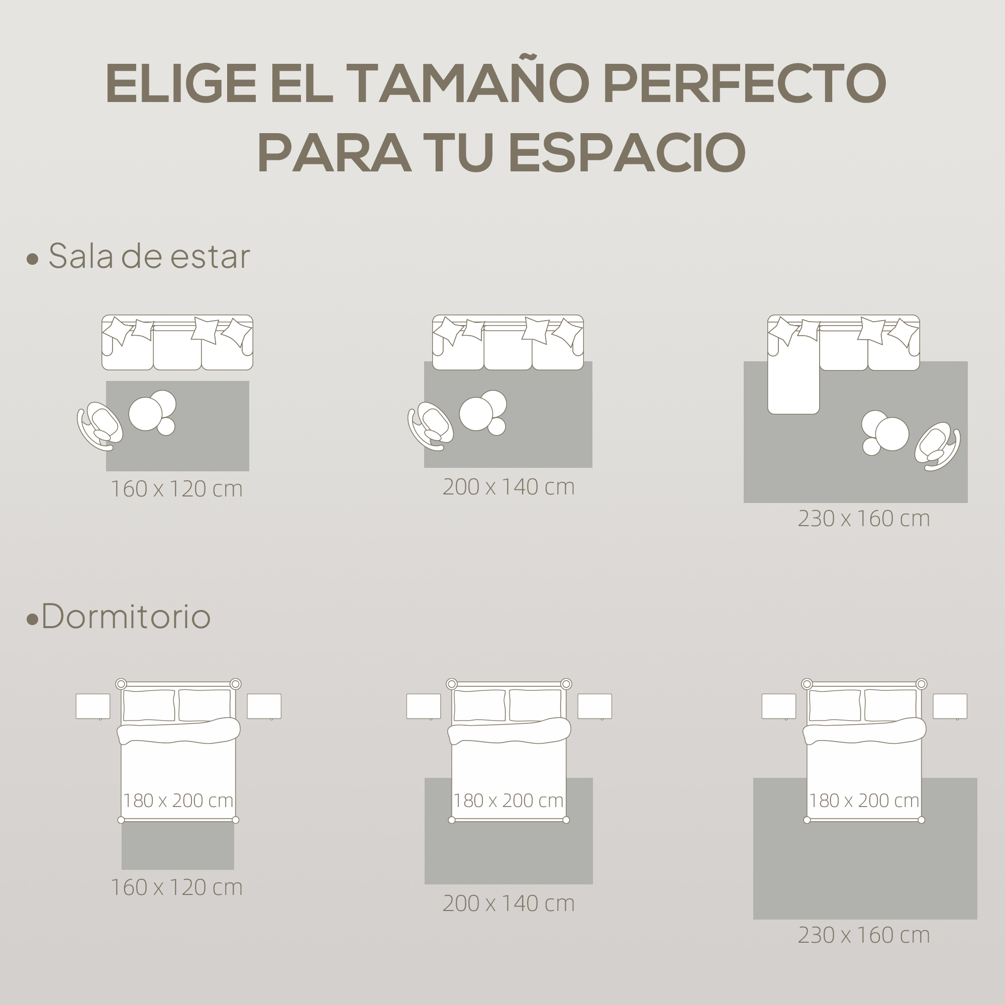 Ilustraciones de muebles de sala y dormitorio con tamaños de alfombra.