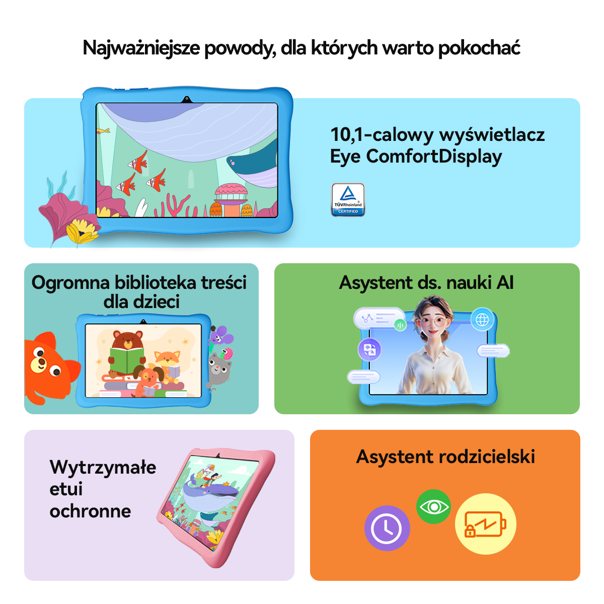 Tablet z treściami dla dzieci, asystentem AI, kontrolą rodzicielską i ekranem 10,1 cala.