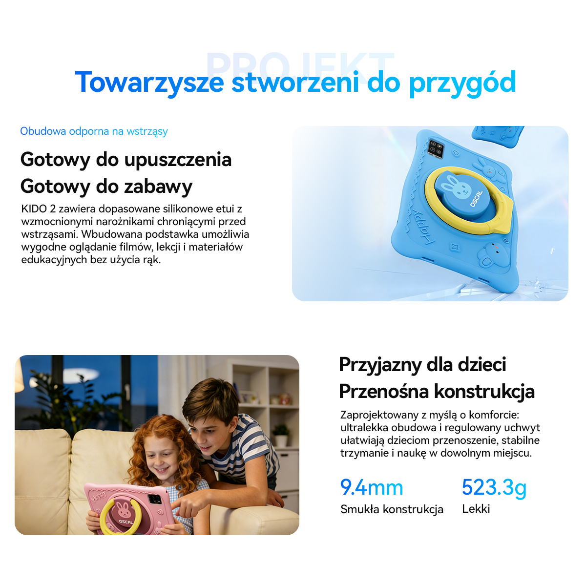 Niebieski tablet dla dzieci z gumowym etui, dwoje dzieci na niego patrzy.