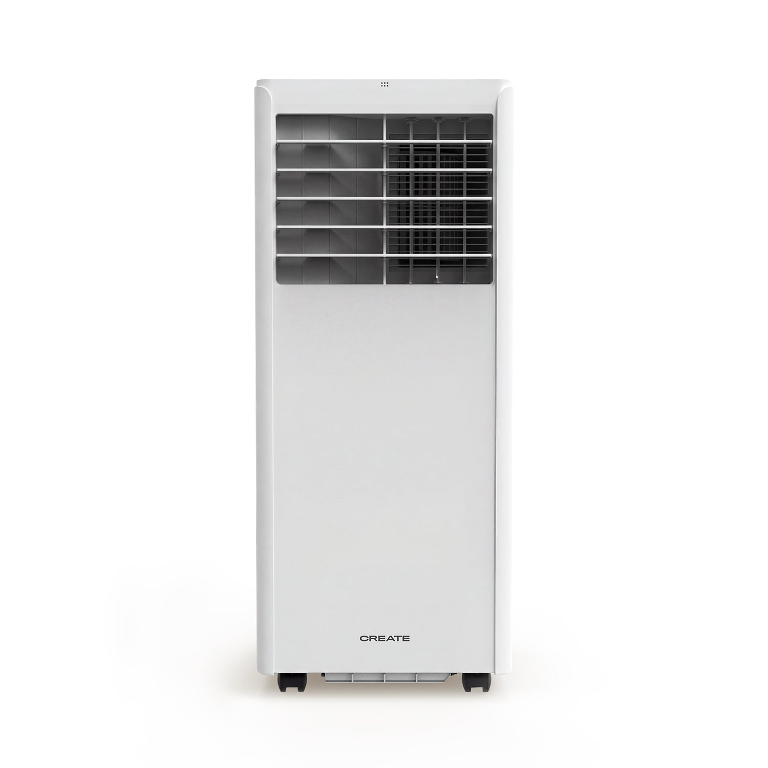 Un enfriador de aire acondicionado portátil blanco con ruedas.