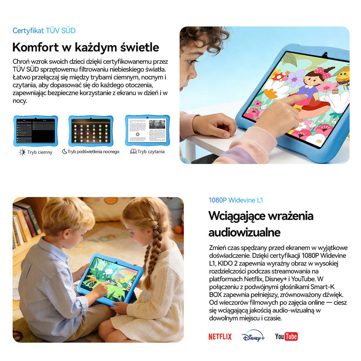 Dzieci używają niebieskiego tabletu z kolorowym interfejsem. Dzieci poniżej.