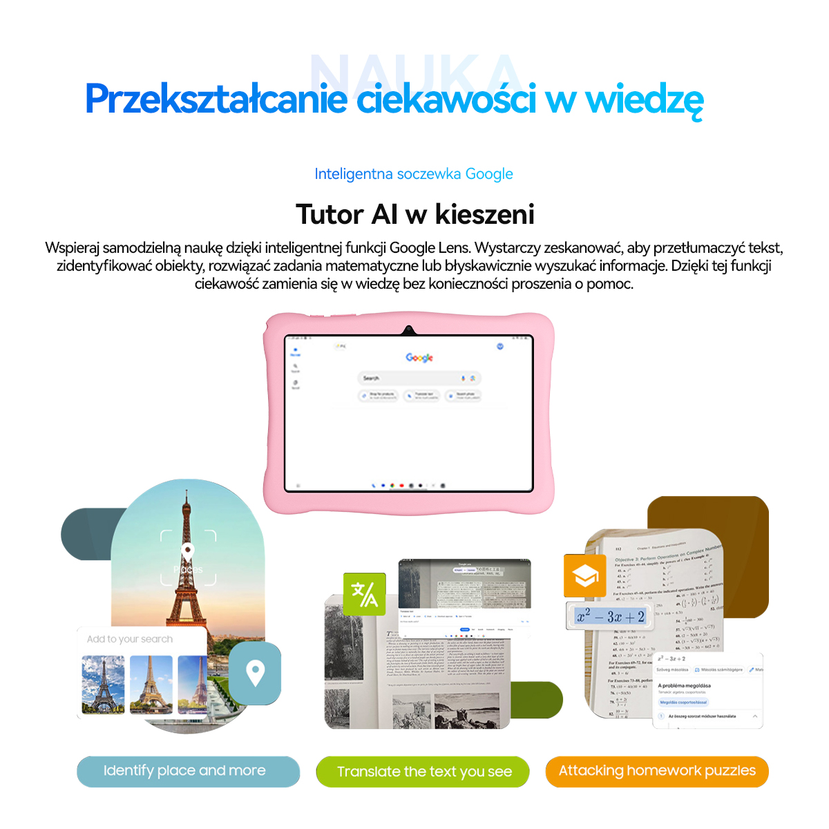 Tablet wyświetla aplikację Google, obok zdjęcia Wieży Eiffla i książek.