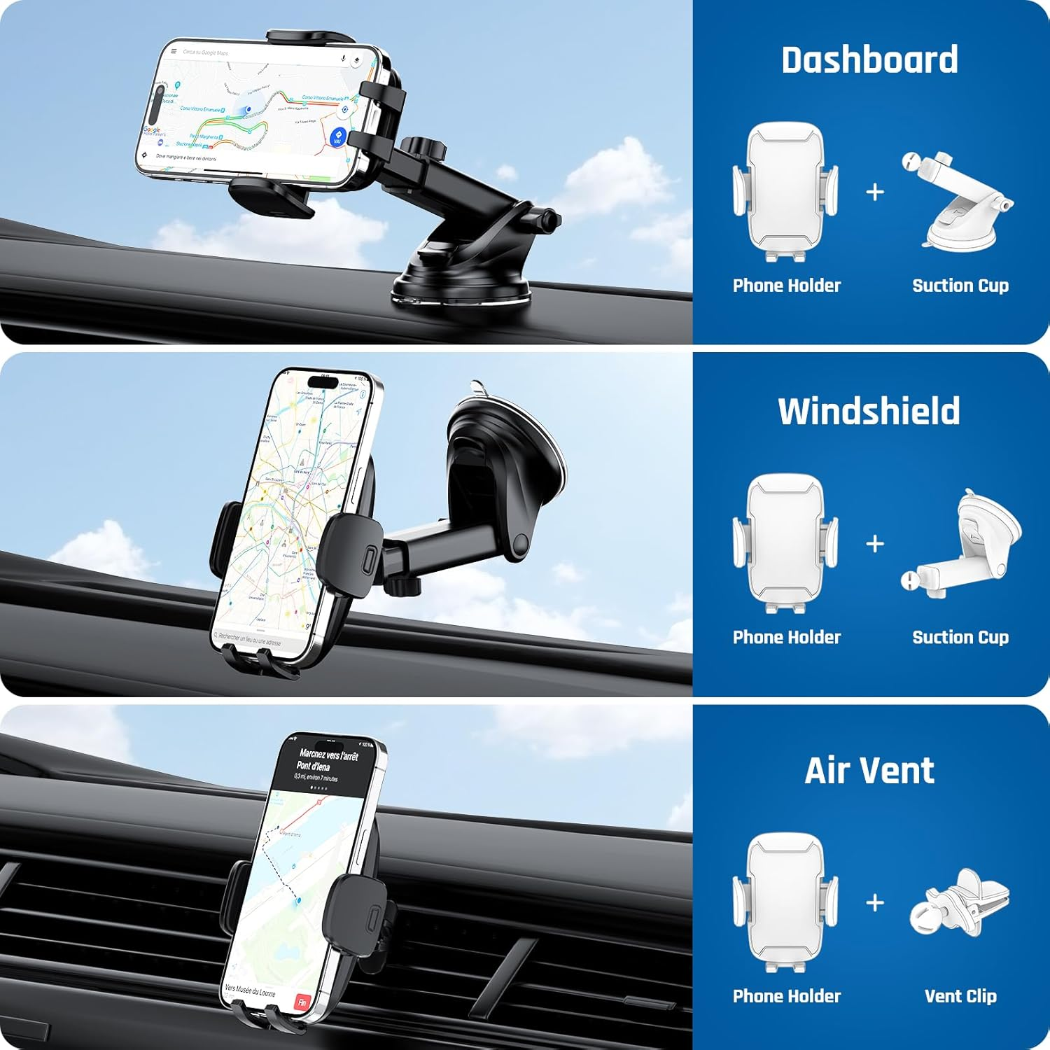 Tres soportes para teléfono de coche: opciones de salpicadero, parabrisas y ventilación.