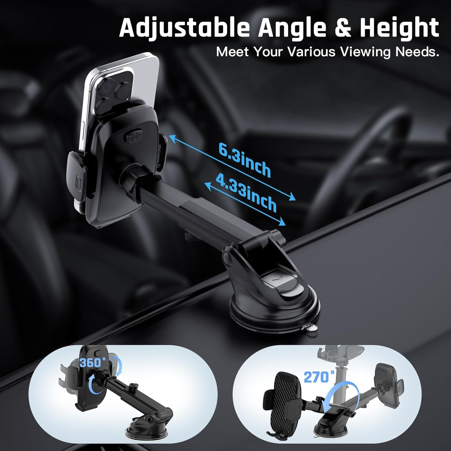 Soporte de teléfono ajustable para coche con ventosa y brazo flexible para varios ángulos.