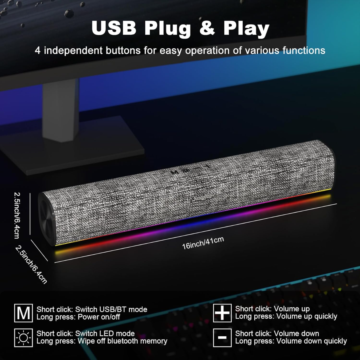 Eine graue Soundbar mit Textur und RGB-Beleuchtung steht auf einem Schreibtisch mit Monitor und Tastatur.