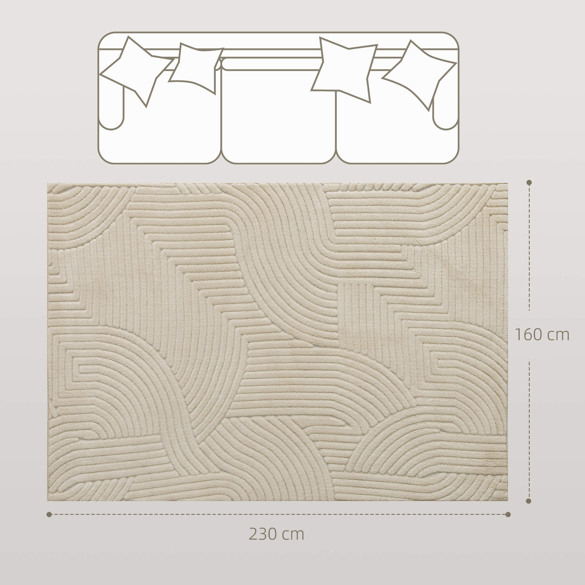 Una alfombra beige con patrón geométrico, mide 160x230 cm.