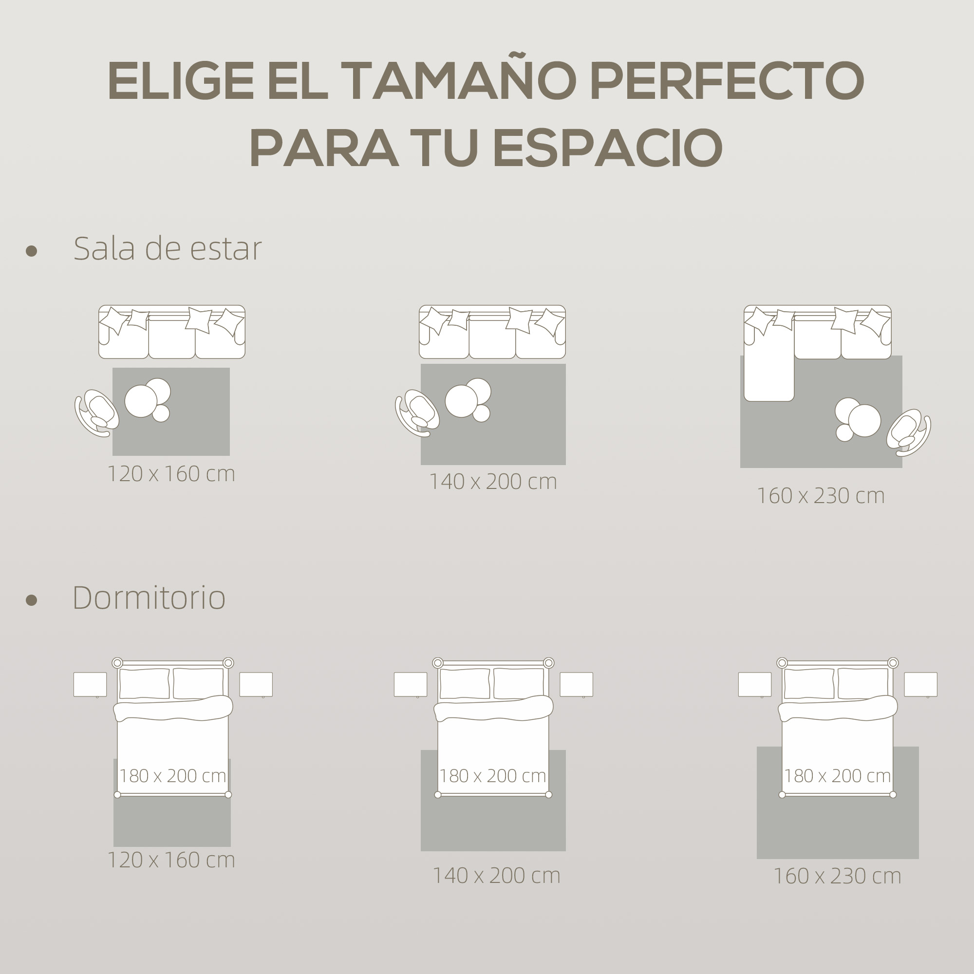 Tamaños de alfombras y muebles para salas y dormitorios.